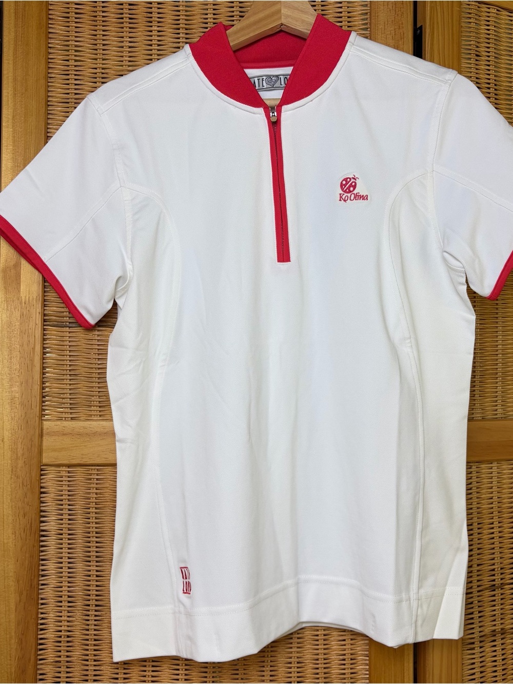 NEW KoOlina Kate Lord White Short Sleeve Zip Polo with Red Trim coolmax size L